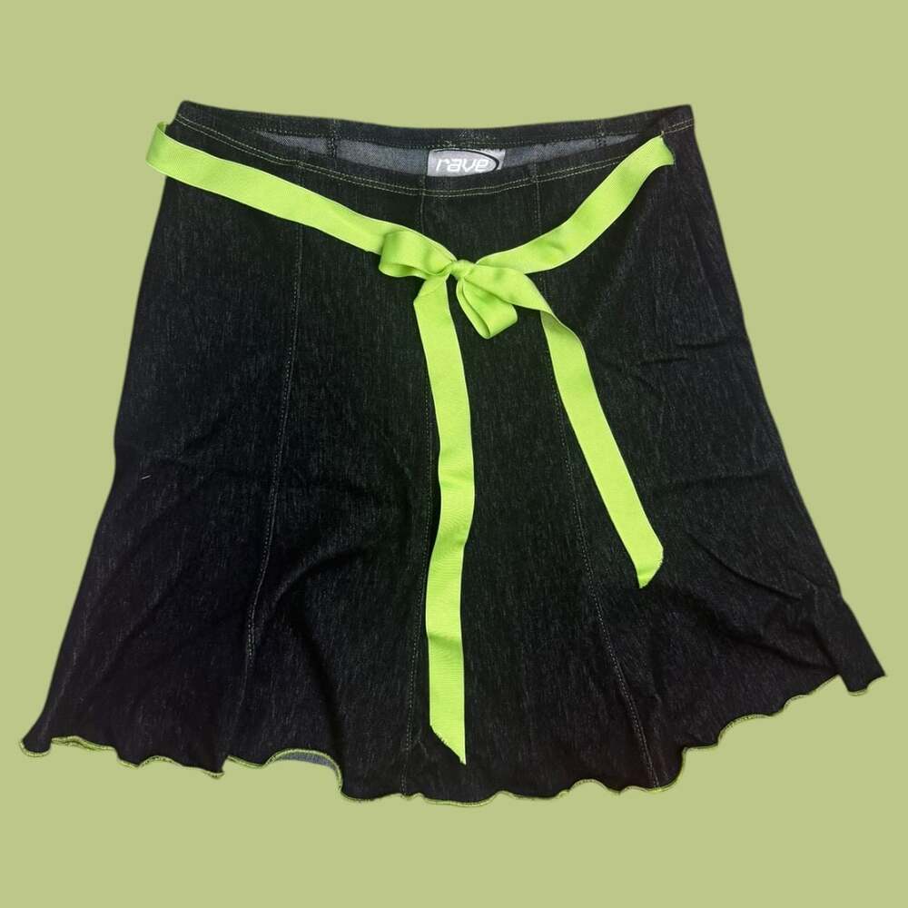 Rave Stretch Vintage Y2K Denim Mini Skirt with Lime Green Ribbon Tie
